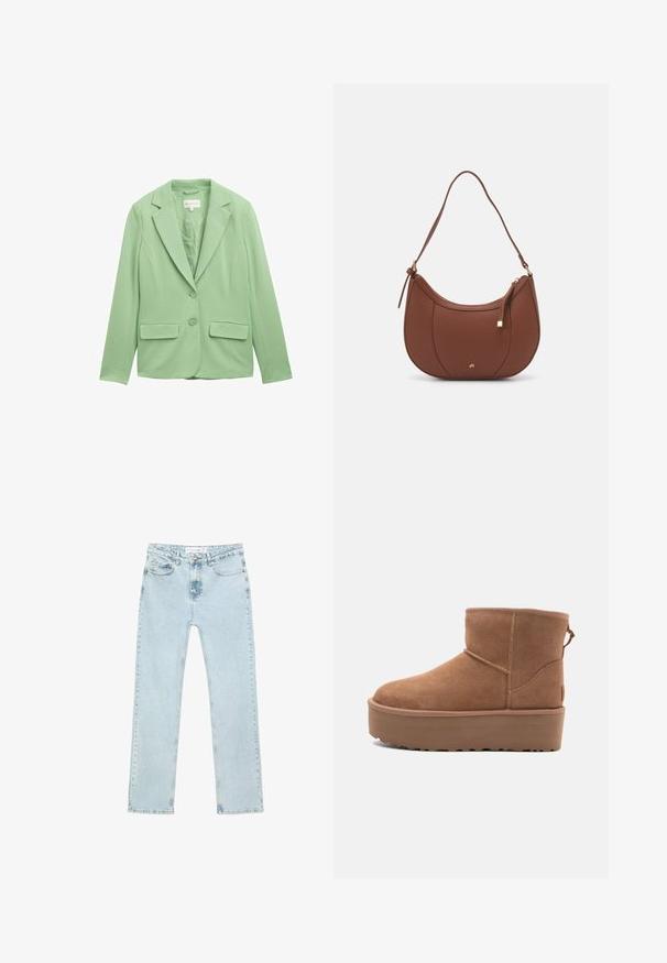 Blazer vert clair en tissu lisse. Il possède un col cranté, deux poches avant et deux boutons au centre, créant une allure ajustée.; T-shirt blanc uni en coton avec un col rond, des manches courtes et une coupe décontractée. Texture lisse sans motifs ni accents.; Jean droit bleu clair en denim. Comprend des poches avant, une fermeture éclair avec un bouton, et des coutures visibles le long des coutures.; Bottine en suède tan avec une semelle plate-forme, un bout arrondi et des accents de couture ; elle est dotée d'une languette à l'arrière pour un enfilage facile.; Sac à épaule en faux cuir brun, de forme arrondie, avec des coutures minimales et un accent en matériel doré. Il possède une fermeture zippée sur le dessus et une sangle réglable.