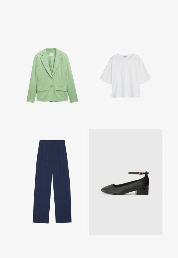 Light green blazer made of smooth fabric. Features a notched lapel, two front pockets, and two buttons at the center, creating a tailored look.; White short-sleeve t-shirt featuring a round neckline and a small front pocket, made from lightweight, textured fabric.; Navy blue wide-leg pants made of soft fabric, featuring front pleats, a smooth texture, and a straight fit with no visible pockets.; Black leather pump with a pointed toe and a low block heel. Features an ankle strap with a gold-tone buckle. Smooth texture.