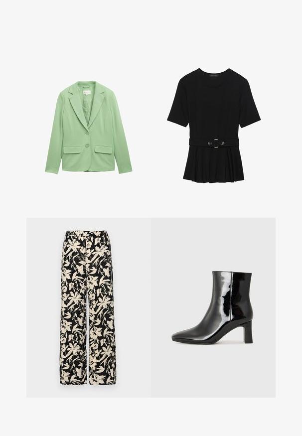 Hele roheline bleizer, valmistatud siledast kangast. Omab krae, kahte esist taskut ja kahte nuppu keskel, luues voolava välimuse.; Must mustriga lühikeste varrukatega tipp, valmistatud siledast materjalist, millel on peplum-disain ja vöödiga talje, millel on kaks ümmargust, hõbedase tooni nuppu.; Mustad laiad püksid kreemja lillemustriga. Valmistatud kergest kangast, millel on sile tekstuur ja kõrge vöökoht.; Must-sinine nahkjalats musta läikiva viimistlusega, millel on terav nina ja keskmise kõrgusega plokk konts. Sile tekstuur ja minimalistik disain.