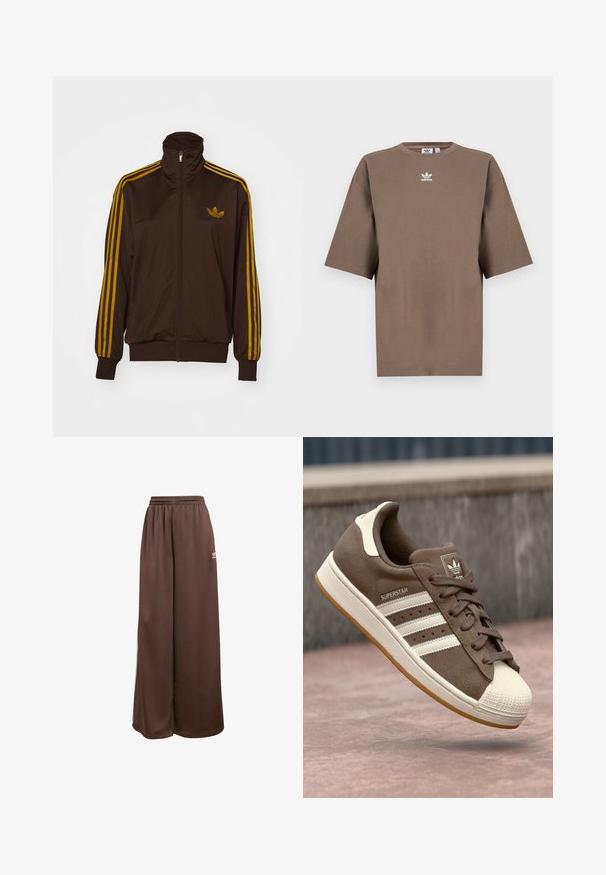Brun zip-up jakke med høy krage, med tre vertikale gule striper på hver erme og en brodert logo på brystet.; Brun bomulls t-skjorte med korte ermer, rund hals og hvit Adidas-logo sentrert på brystet, med ensartet design og avslappet passform.; adidas Originals Joggebukse - auburn cream white; Brune semsket sneakers med hvite striper, kremfargede detaljer og gummiskalltå. Har snøring og teksturert gummisåle.