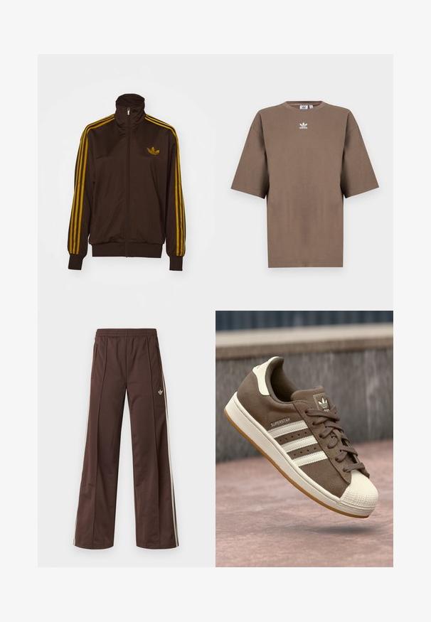 Brūns rāvējslēdzēja jaka ar augstu apkakli, kurai katrā piedurknē ir trīs vertikālas dzeltenas svītras, un uz krūšu ir izšūts logo.; Brūna kokvilnas T-krekls īsām piedurknēm, apaļa kakla izgriezums, ar baltu Adidas logo centrā krūtīs, ar vienkāršu dizainu un brīvu piegriezumu.; Brūnas sporta bikses ar platu kāju dizainu, baltām sānu svītrām, elastīgu jostasvietu un divām sānu kabatām. Uz kājas ir mazs logotips.; Brūni zamšādas sporta apavi ar baltām svītrām, krēmkrāsas akcentiem un gumijas purngalu. Piedāvā saistīšanas dizainu un teksturētu gumijas zoli.
