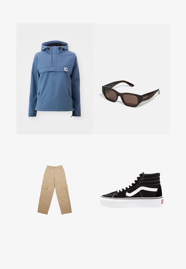 Veste imperméable bleu avec un design à demi-fermeture éclair, capuche réglable, poignets élastiques et poches latérales, fabriquée à partir d'un tissu lisse et durable.; Cardigan en maille bordeaux avec un décolleté en V profond, trois grands boutons et une texture côtelée, à manches longues et design court.; Deux hauts sans manches en noir et blanc, en coton côtelé, avec des encolures rondes et une coupe ajustée. Étiquettes visibles sur les deux.; Pantalons cargo beiges en tissu, dotés de deux poches avant et d'une coupe décontractée avec des jambes larges. La taille est équipée d'une fermeture à bouton et à glissière.; Baskets montantes noires avec des lacets blancs, un logo blanc et des coutures blanches contrastées. Dotées d'une épaisse semelle blanche et d'un dessus en daim texturé.; Lunettes de soleil en écaille de tortue avec des verres rectangulaires marron. La monture en plastique brillant présente un logo "vogue" en doré sur le côté.; Sac à main en toile marron doux de style hobo avec une large sangle unique et une ouverture en haut arrondie, présenté sur un fond blanc.