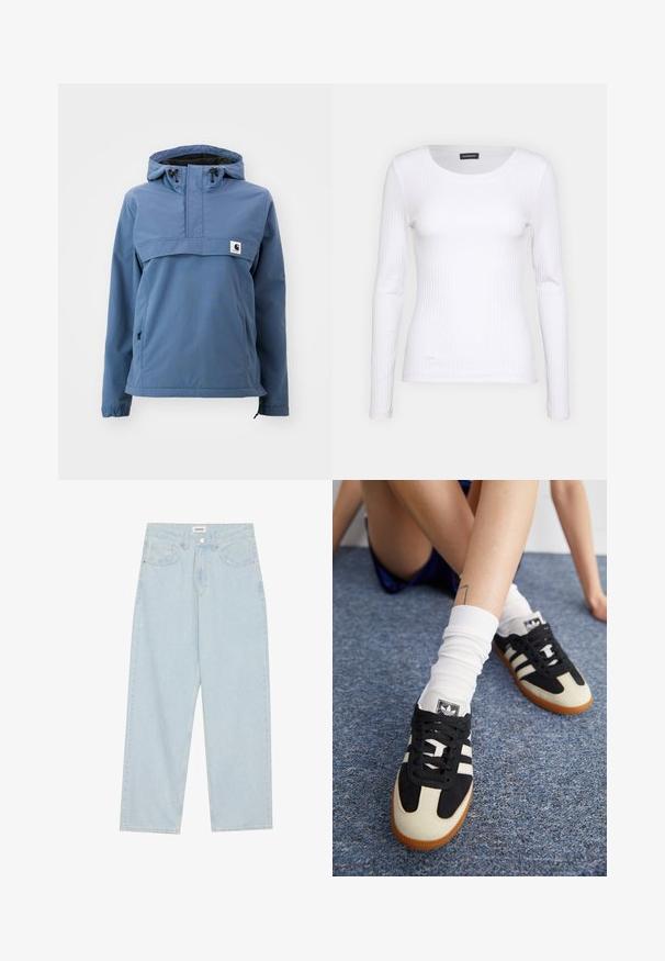 Veste imperméable bleu avec un design à demi-fermeture éclair, capuche réglable, poignets élastiques et poches latérales, fabriquée à partir d'un tissu lisse et durable.; T-shirt à manches longues blanc côtelé avec un col rond. Fabriqué en un tissu extensible qui épouse le corps. Présente de fines lignes horizontales.; Jeans en denim bleu clair à large jambe, avec une taille mi-haute, cinq poches et une fermeture à bouton avec un accent métallique fin.; Baskets noires et blanches avec une tige en daim et cuir, comportant trois rayures blanches et une semelle en caoutchouc. Paire portée avec des chaussettes blanches.