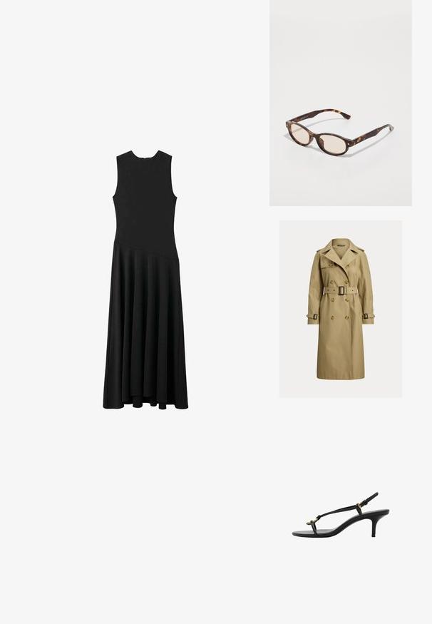Klasický béžový trenčkot vyrobený z bavlneného zmesi, s dvojradovým zapínaním, opaskom v páse a ramennými vycpávkami.; Čierne bezrukávové maxi šaty s priliehavým živôtikom a rozšírenou sukňou, s hladkou textúrou a minimalistickým dizajnom, bez viditeľného zapínania.; Čierne kožené sandále na malom podpätku s tenkými pásikmi, zlatou prackou a minimalistickým prstovým pásikom na bielom pozadí.; Kocúrkové slnečné okuliare s guľatým tvarom a svetlými sklami. Majú robustné ramená s malými zlatými akcentmi, vyrobené z plastového materiálu.; Čierna kožená taška s pevnou konštrukciou, horným uchom, odnímateľným popruhom a zlatistou kovovou aplikáciou na magnetickom uzávere.