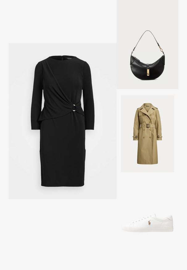 Klasyczny beżowy trencz wykonany z mieszanki bawełny, z podwójnymi guzikami, paskiem w talii i pagonami na ramionach.; Czarna sukienka z długim rękawem z węzłem w talii, z okrągłym dekoltem i dwiema kieszeniami, wykonana z gładkiego, elastycznego materiału.; Białe skórzane sneakersy, niskoprofilowy design, charakteryzujące się gładką fakturą, okrągłym noskiem, sznurowanym przodem i małym haftowanym logo z boku.; Czarna skórzana torebka w kształcie półksiężyca. Ma złote akcenty i wąski pasek. Gładka tekstura, zamek błyskawiczny na górze.