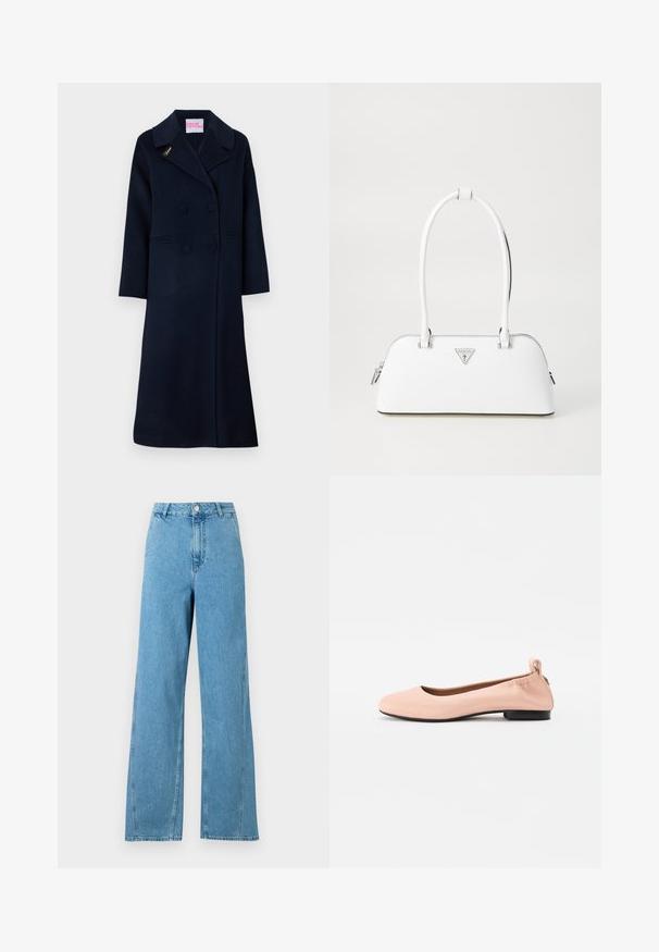 Marineblauer, doppelt geknöpfter Wollmantel mit weitem Kragen, seitlichen Taschen und goldener "Fideli"-Stickerei auf dem Revers.; Grauer Strickpullover mit einem Katzenmotiv in Schwarz und Beige, mit dem Wort "Zukunft" in Pink auf der Vorderseite.; Hellblaue, weit geschnittene Jeans mit hoher Taille, fünf Taschen und Metallknopfverschluss. Hergestellt aus Denim-Stoff mit glatter Textur.; Helle rosa Ballerinas aus glattem Material mit runder Zehenpartie, flexiblem Fersenbereich und kleinem schwarzen Absatz.; Weiße Lederhandtasche mit geschwungener Form, versehen mit einem silbernen dreieckigen Logo und einem Reißverschluss. Glatte Textur und zwei Griffe.