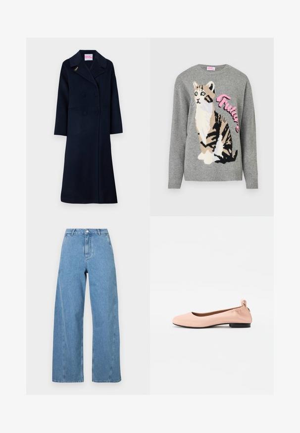 Námornícky dvojradový plášť vyrobený z vlny, s širokým golierom, postrannými vreckami a zlatou výšivkou "Fideli" na klopách.; Šedý pletený sveter s potlačou mačky v čiernej a béžovej farbe, s nápisom "Future" v ružovej farbe na prednej strane.; Svetlobléde široké džíny vyrobené z denimu, s vysokým pásom, rovný strih a kontrastným šitím pozdĺž švov.; Svetloružové balerínky vyrobené z hladkého materiálu s okrúhlou špičkou, flexibilným záznamom a malým čiernym podpätkom.