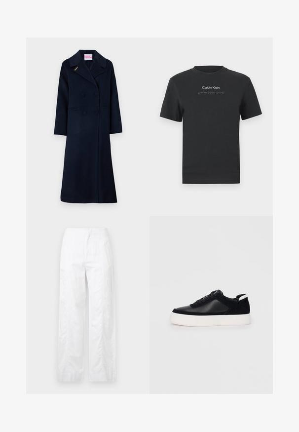 Marineblauer, doppelt geknöpfter Wollmantel mit weitem Kragen, seitlichen Taschen und goldener "Fideli"-Stickerei auf dem Revers.; Schwarzes Baumwoll-T-Shirt mit Rundhalsausschnitt, kurzen Ärmeln und weißem Druck des "Calvin Klein" Logos sowie dem Text "Established 1968".; Weiße, weit geschnittene Hosen aus leichtem Stoff, mit glatter Textur, klaren Linien und einem Hochbund-Design.; Schwarze Sneakers mit glattem Leder und Wildleder-Einsätzen, flachen Schnürsenkeln, runder Zehenpartie und einer weißen Gummisohle. Deutliches Logo an der Ferse.