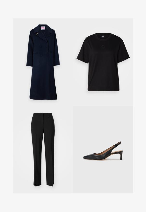 Marineblauer, doppelt geknöpfter Wollmantel mit weitem Kragen, seitlichen Taschen und goldener "Fideli"-Stickerei auf dem Revers.; Schwarzes Baumwoll-T-Shirt mit Rundhalsausschnitt, kurzen Ärmeln und aufgesticktem Logo auf der Brust. Einfacher, lässiger Schnitt ohne Muster.; Schwarze, taillierte Hose mit geradem Bein, aus einem glatten Stoff und mit klaren Falten an der Vorderseite. Keine sichtbare Hardware.; Schwarze Leder-Slingback-Pumps mit spitzer Zehenform, niedrigem Absatz und glatter Textur. Verfügt über einen dünnen, verstellbaren Riemen für einen sicheren Sitz.