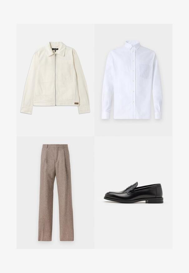 rag & bone SIMON GARAGE JACKET - Veste en jean - ecru; Chemise blanche à manches longues avec boutons en coton, présentant une poche poitrine avec broderie ton sur ton, un col et des poignets boutonnés.; Pantalons marron taille haute en tissu texturé. Présente des jambes larges et deux plis avant pour la structure. Finition soignée sans matériel visible.; Mocassins en cuir noir avec une texture lisse, bout rond et une sangle décorative sur le dessus. Talon bas empilé, design minimaliste.