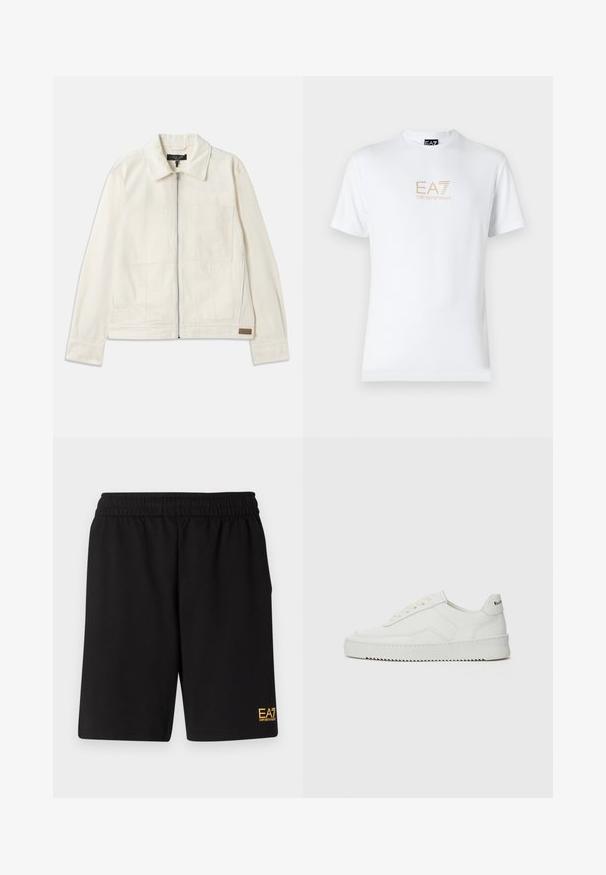 rag & bone SIMON GARAGE JACKET - Denim jacket - ecru; White cotton t-shirt featuring a round neckline and short sleeves, with a gold EA7 Emporio Armani logo printed on the front.; Black athletic shorts made of soft fabric,Featuring an elastic waistband and a small yellow EA7 logo on the lower left leg.; White leather sneaker with a smooth finish, round toe, flat laces, and a textured sole. Features a subtle logo on the heel.