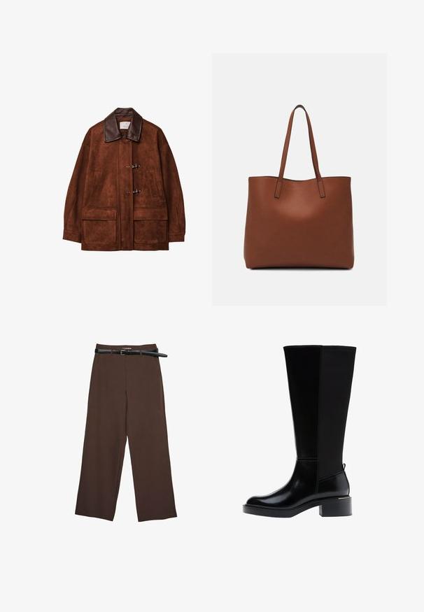 Brun mockaskjort med en brun läderkrage, utrustad med toggelknäppningar och två stora framfickor. Slät textur och överdimensionerad design.; Mörkgrå, kortad tröja med långa ärmar, rundad halsringning och texturerad yta. Enkelt design utan mönster eller dekorationer.; Bruna vida byxor med en slät yta, med ett svart bälte och en skräddarsydd midja, som ger en välstrukturerad passform.; Svart knähög stövel med slät läderfinish, framträdande sömmar, klumpig klack och en texturerad bakpanel för extra detalj.; Brun läder tote-väska med en slät textur, öppen toppdesign och två axelremmar. Har minimal söm och ingen synlig metalldetalj.