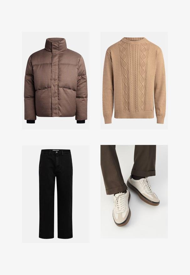 Giubbotto imbottito a quadri in tonalità di marrone e crema, con colletto alto, tasche frontali e polsini elasticizzati per una vestibilità aderente.; Maglione a maglia color beige con motivi testurizzati. Presenta un colletto rotondo, polsini a costine e diverse trame a trecce sul davanti.; Pantaloni in denim nero con taglio dritto, design classico a cinque tasche e chiusura con bottone in vita. Tessuto liscio e materiale resistente.; Sneakers beige con una parte anteriore in suede testurizzato, lati in pelle liscia e una suola in gomma marrone. Inclusi lacci e dettagli di cucitura leggera.