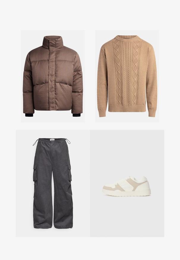 Sprawdzana puchowa kurtka w odcieniach brązu i kremu, z wysokim kołnierzem, przednimi kieszeniami oraz elastycznymi mankietami dla lepszego dopasowania.; Beżowy sweter wykonany na drutach z teksturowanymi wzorami. Posiada okrągły dekolt, ściągacze przy mankietach oraz różnorodne wzory w warkocze na przodzie.; Szare spodnie cargo z teksturowanej tkaniny, elastycznym pasem, sznurkiem do regulacji i detalami kieszeni po bokach. Luźny fason z szerokimi nogawkami.; Białe i beżowe sneakersy z połączeniem gładkich i zamszowych faktur, okrągłym noskiem, sznurowanym zapięciem oraz płaską gumową podeszwą.
