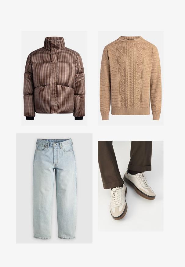 Gepufferte Jacke mit Karomuster in Braun- und Cremetönen, ausgestattet mit einem hohen Kragen, Vordertaschen und elastischen Bündchen für eine bequeme Passform.; Beiger Strickpullover mit strukturierten Mustern. Verfügt über einen Rundhalsausschnitt, gerippte Bündchen und unterschiedliche Zopfmuster auf der Vorderseite.; Hellblaue Jeans aus Denim mit geradem Bein, fünf Taschen und einem Knopfverschluss; mit verblassten Bereichen und dezenten Nähdetails.; Beige Sneakers mit einer strukturierten Wildlederfront, glatten Lederseiten und einer braunen Gummisohle. Bändel und helle Nähdetails sind enthalten.