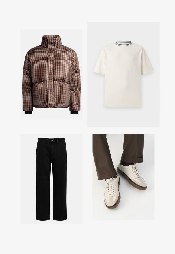 Checked puffer jacket in shades of brown and cream, featuring a high collar, front pockets, and elastic cuffs for a snug fit.; Cream-colored cotton t-shirt with short sleeves, featuring a round neckline accented by navy and white stripes. Smooth texture, relaxed fit.; Black denim pants with a straight-leg cut, classic five-pocket design, and a button closure at the waist. Smooth texture and durable fabric.; Beige sneakers with a textured suede front, smooth leather sides, and a brown rubber sole. Laces and light stitching detail included.