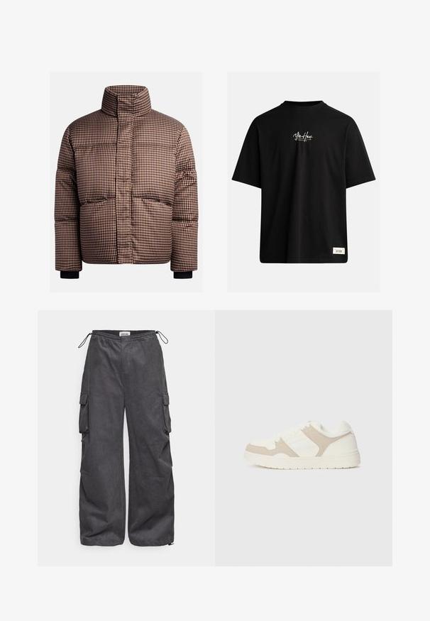 Gepufferte Jacke mit Karomuster in Braun- und Cremetönen, ausgestattet mit einem hohen Kragen, Vordertaschen und elastischen Bündchen für eine bequeme Passform.; Schwarzes Kurzarm-T-Shirt aus Baumwolle. Hat ein kleines weißes Logo auf der Brust und ein rechteckiges Etikett unten rechts.; Graue Cargo-Hosen aus einem strukturierten Stoff, mit elastischem Bund, Kordelzug und Seitentaschen. Lässiger Schnitt mit weitem Bein.; Weiße und beige Sneaker mit einer Kombination aus glatten und Wildleder-Oberflächen, runder Zehenpartie, Schnürverschluss und flacher Gummisohle.