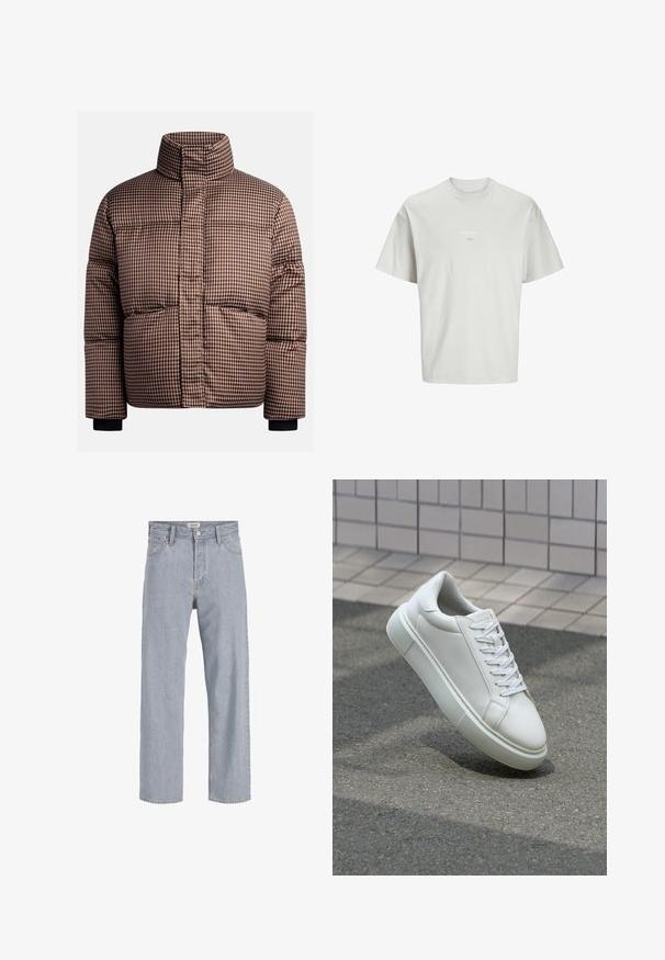 Pufasta jakna v odtenkih rjave in krem, s visokim ovratnikom, sprednjimi žepi in elastičnimi manšetami za udobno prileganje.; Svetlo siva majica kratkih rukava od mekog materijala. Ima okrugli izrez i mali natpis "ESS.WRD." otisnut na prednjem delu.; Svetlo modri kavbojki s sproščenim krojem, naravnost oblikovani nogi, vidnimi šivi, dvema sprednjima žepoma in gumbnim zapiranjem.; Bela usnjena teniska obutev z gladko površino, okroglo konico in ravnimi belimi vezalkami. Ima teksturiran gumijast podplat in minimalne oblikovalske elemente.