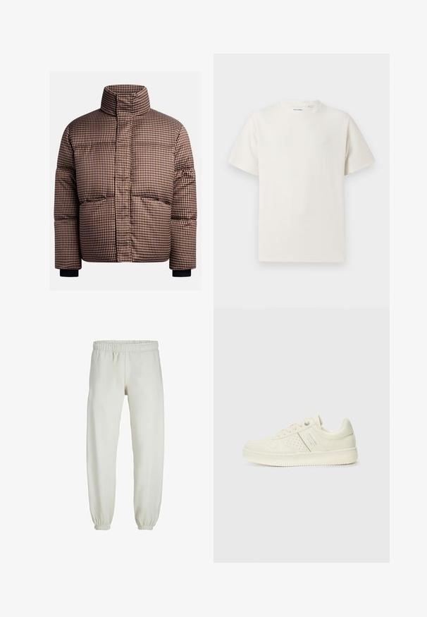 Prinditud puhvjakott pruunide ja kreemjate toonidega, millel on kõrge krae, esikotide ja elastsed mansetid mugava istuvuse tagamiseks.; Valge lühikeste varrukatega T-särk ribakudumises. Ümar kaelus, mugav lõige, nähtavad mustrid ega aksessuaarid puuduvad. Lihtne ja mitmekesine disain.; Valged trennipüksid, mis on valmistatud pehmest kangast, elastse vöökoha ja mansettidega, sileda tekstuuri ja lõdva lõikega.; Koor valged tossud perforatsiooni detailide, nööpide ja külje logo ka, esitatud ühtlase valge tausta ees.