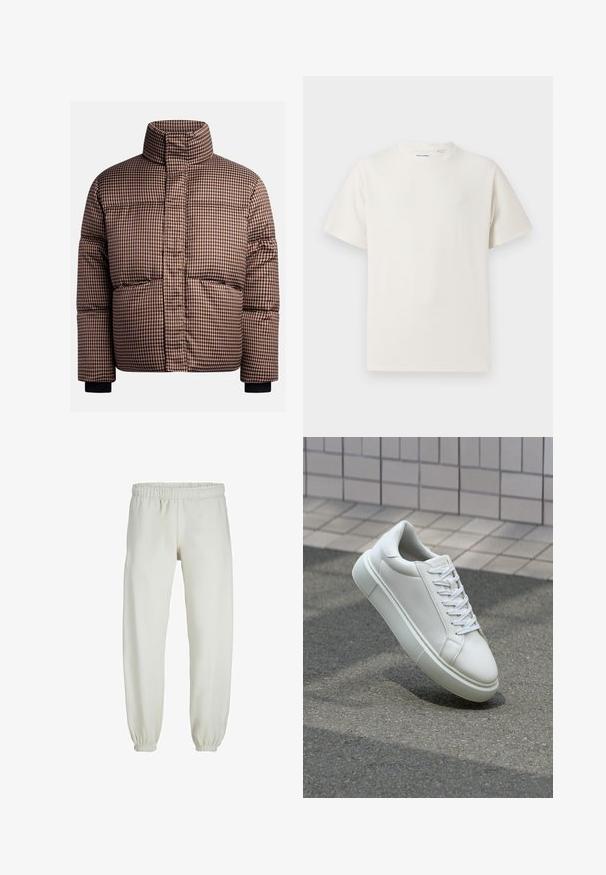 Giubbotto imbottito a quadri in tonalità di marrone e crema, con colletto alto, tasche frontali e polsini elasticizzati per una vestibilità aderente.; T-shirt bianca a maniche corte in texture a coste. Girocollo, vestibilità rilassata, senza modelli o accenti visibili. Design semplice e versatile.; Pantaloni tuta bianchi realizzati in tessuto morbido, dotati di vita e polsini elastici, con una texture liscia e una vestibilità ampia.; Sneaker bianco in pelle con superficie liscia, punta rotonda e lacci piatti bianchi. Presenta una suola in gomma texturizzata e un design minimale.