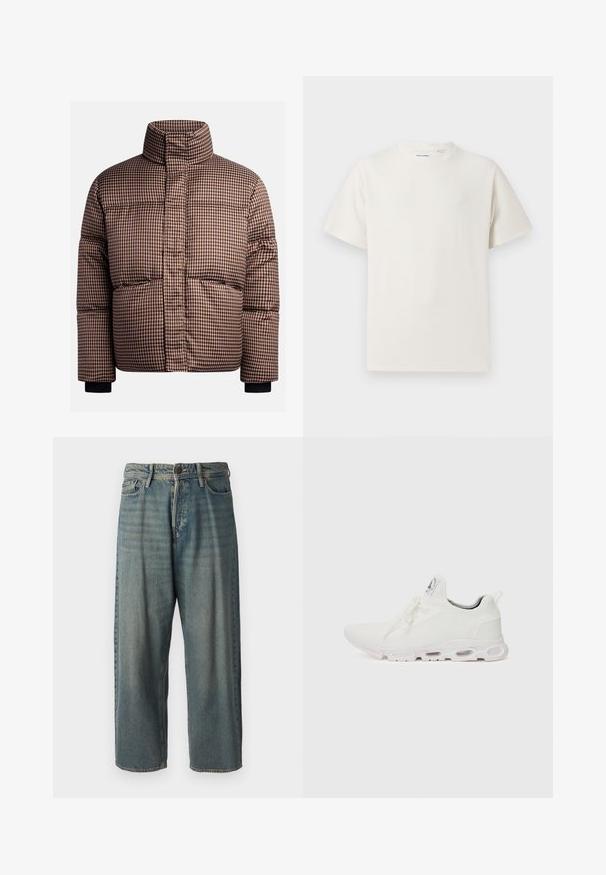 Casaco puffer xadrez em tons de castanho e creme, com colarinho alto, bolsos frontais e punhos elásticos para um ajuste confortável.; T-shirt branco de manga curta em textura canelada. Gola redonda, ajuste descontraído, sem padrões ou detalhes visíveis. Design simples e versátil.; Jeans de ganga azul claro com um corte solto, cintura média e pernas retas. Apresenta cinco bolsos, passadores de cinto e fecho com botão.; Ténis atléticos brancos com um superior em malha texturizada, atacadores planos e uma sola acolchoada com câmaras de ar visíveis para maior suporte.