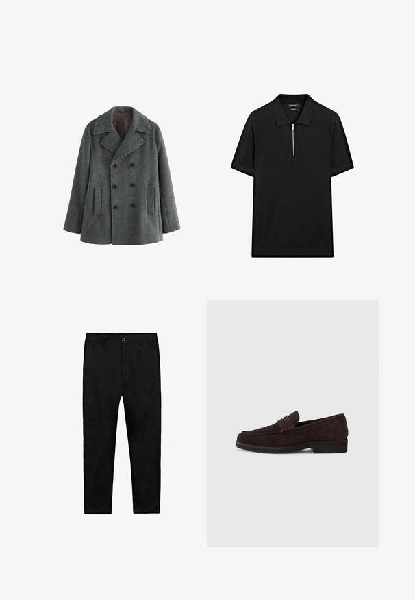 Grijze wollen dubbelbreasted jas met brede revers, twee voorkruimelzakken en een donkerrood Voering. Gewoven stof met een getailleerde pasvorm.; Zwarte polo met korte mouwen, een staande kraag en een rits aan de voorkant. Gemaakt van een gladde stof met een schoon, minimalistisch ontwerp.; Zwarte rechte broek met knoopsluiting, riemlussen en zijzakken, plat neergelegd op een witte achtergrond.; Bruine suède loafers met een lage profiel en ronde neus. Heeft een decoratieve band over de bovenkant, een platte rubberen zool en geen zichtbare stiksels.