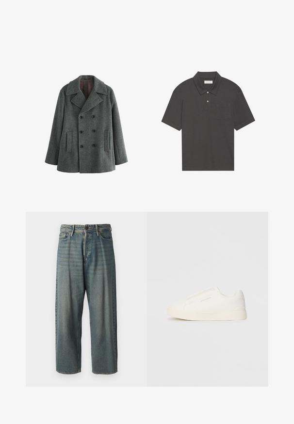 Hallhari hallist villasegust topeltkinnisega mantel, millel on laiad kraed, kaks esist pocketit ja tumepunane vooder. Tekstuuriga kangas, mis on hoolikalt kohandatud.; Tumehall polo särk traditsioonilise kraega, kolme nööbiga kinnitus, lühikesed varrukad ja vasakul rinnal tasku. Sile kangastekstuuri.; Heledad sinine denim-stiilis teksad, volüümse lõike, keskmise kõrgusega talje ja sirgete säärega. Omab viit taskut, vöökumme ja nööpide sulgemist.; Valged libisemiskindlad tossud tekstuuriga pinnaga, paksu tallaga ja minimalistikus disainis. Küljel on brändi logo.