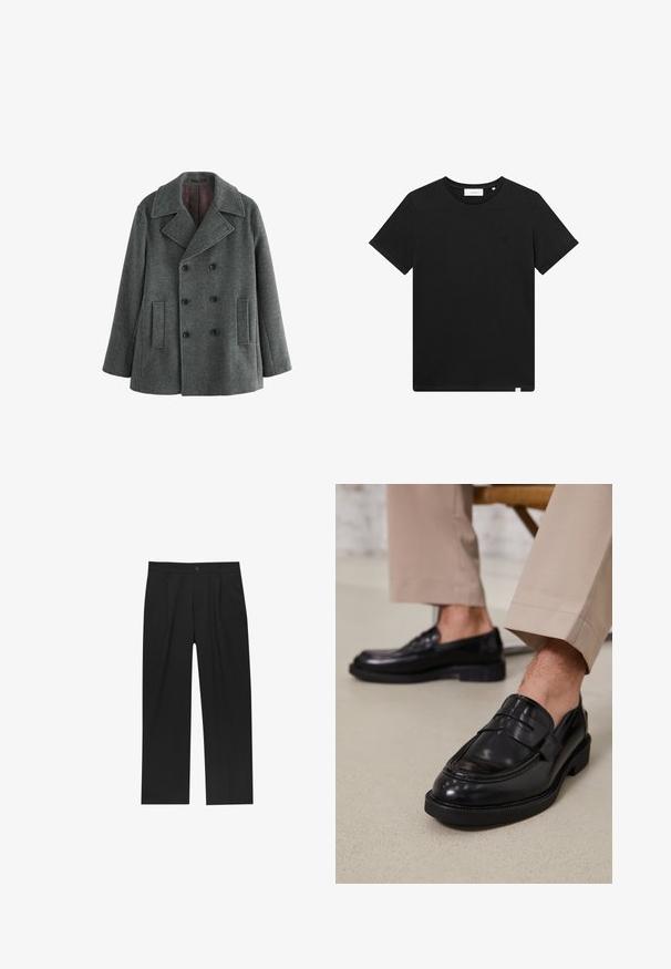 Cappotto doppiopetto grigio in lana con ampi revers, due tasche frontali e rivestimento bordeaux scuro. Tessuto testurizzato con vestibilità su misura.; T-shirt nera a maniche corte in cotone, con scollatura rotonda e un piccolo logo ricamato sul petto. Tessuto liscio, vestibilità standard.; Pantaloni neri con un design a gamba dritta, realizzati in un tessuto liscio. Presentano pieghe frontali e una chiusura a un bottone in vita.; Mocassini in pelle nera con finitura liscia, dotati di una cintura decorativa e cuciture a contrasto, abbinati a pantaloni beige.