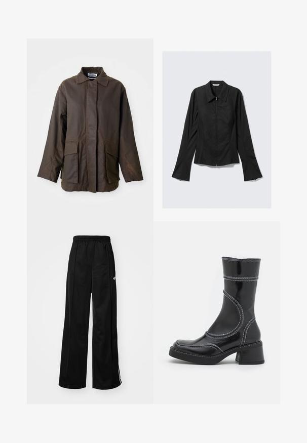 Pruun, kerge jakk, millel on kaelus, pikad varrukad ja kaks esistaskut. Valmistatud siledast, tekstuurist kangast.; Mustard värvi naiste pikkade varrukatega jope, millel on ees tõmblukk, laiad mansetid ja krae, asetatud helesinisele taustale.; Mustad laiad spordipüksid elastse vöökohtaga, millel on valged külgtriibud ja väike logo vasakul puusal. Sile kangateksam.; Must must pikkade säärega, musta lakknahast jalats, valgete õmblustega, ümarate varvaste ja plokk-kandadega. Omab kõveraid disainijoontesid ja siledat pindmääret.