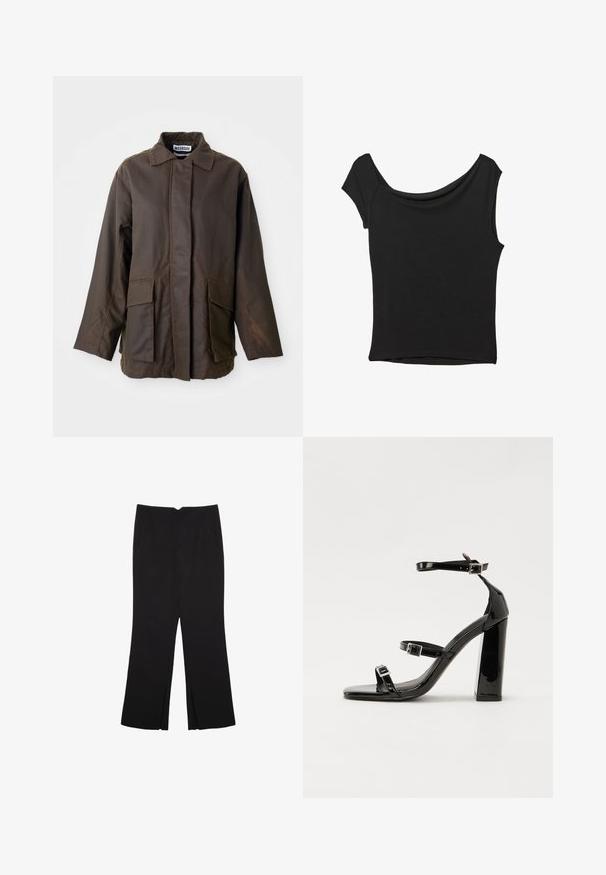 Brun, letvægtsjakke med krave, lange ærmer og to forlommer. Fremstillet af et glat, tekstureret stof.; Sort kortærmet top lavet af glat stof; har en draperet halsudskæring og en asymmetrisk kant, med en tætsiddende pasform.; Sorte bukser med lige pasform, der har frontlommer og slidser i kanten. Lavet af blødt, glat stof. Velegnet til forskellige anledninger.; Sorte patenterede hælsandaler med firkantet tå, ankelremme og sølvspænder. Har en chunky blokHæl for stabilitet.