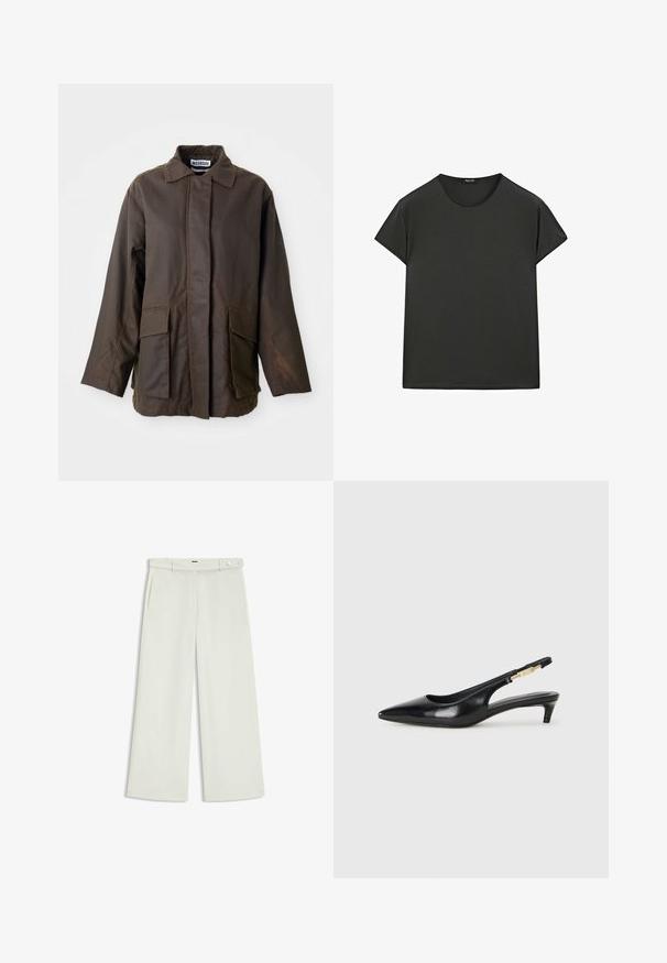 Brown, lightweight jacket with a collared neckline, long sleeves, and two front pockets. Made from a smooth, textured fabric.; Black short-sleeve T-shirt made from soft fabric, featuring a round neckline and a relaxed fit, with clean, simple lines and no patterns.; Wide-leg pants in light cream fabric, featuring side pockets, a flat front, and a single button closure at the waist. Smooth texture.; Black leather slingback heels with a pointed toe, featuring a slim heel and a gold-tone accent on the adjustable strap. Smooth texture.