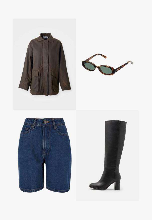 Brun, letvægtsjakke med krave, lange ærmer og to forlommer. Fremstillet af et glat, tekstureret stof.; Stof med sorte prikker på en lys beige baggrund. Designet har jævnt fordelt, solide cirkler på en glat tekstur.; Denim shorts med en mørkeblå farve, høj talje, fem-lomme design og kontrasterende orange syninger. Stof ser tekstureret ud.; Sorte knæhøje støvler lavet af glat læder, med en kraftig hæl og rund tå. Minimalistisk design uden synligt hardware eller dekorationer.; Skildpaddemønstrede solbriller med ovale stel og grønne linser. Har tynde arme med en metallisk detalje nær hængslerne.; Oliven grøn læder håndtaske med rund form, to håndtag og sømløs front. Har en glat tekstur og diskrete syninger.; Sølvøreringe i to størrelser; tekstureret design med en bølget overflade. Små hoops ovenfor større, begge med hængsel-lås.