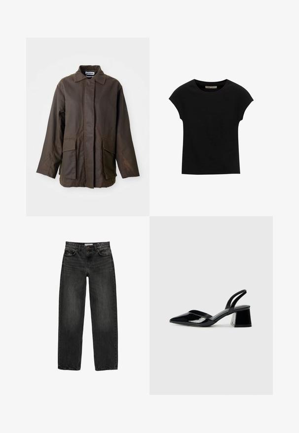 Bruine, lichte jas met een kraag, lange mouwen en twee voorkwerken. Gemaakt van een gladde, textuurstof.; Zwarte korte mouwen t-shirt gemaakt van zachte stof, met een ronde halslijn en een ontspannen pasvorm, met een gladde textuur en zonder patronen.; Zwarte denim jeans met een relaxte pasvorm, rechte pijpen, vijf-pocket ontwerp en een licht vervaagde textuur. Knop- en ritssluiting aan de voorkant.; Zwarte gepatineerde leren slingback hakken met een spitse neus en een geometrische blokhak. Kenmerkt zich door een slank, minimalistisch ontwerp en een gladde textuur.