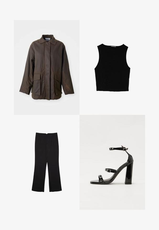 Brown, lightweight jacket with a collared neckline, long sleeves, and two front pockets. Made from a smooth, textured fabric.; Black sleeveless crop top made of smooth fabric, featuring a round neck and a clean, simple design without patterns or hardware.; Black trousers with a straight fit, featuring front pockets and side slits at the hem. Made of soft, smooth fabric. Suitable for various occasions.; Black patent heeled sandals with a square toe, ankle straps, and silver buckles. Features a chunky block heel for stability.