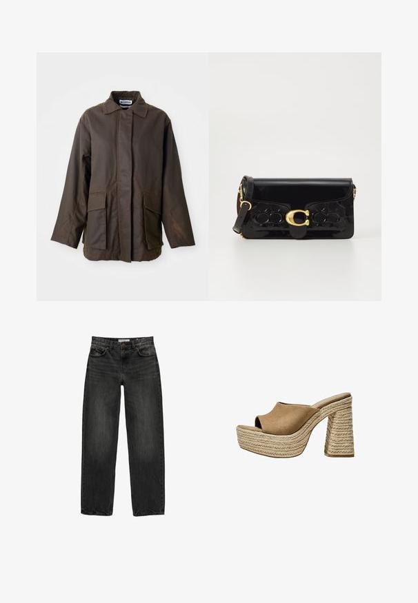 Hnědá, lehká bunda s límcem, dlouhými rukávy a dvěma předními kapsami. Vyrobena z hladké, strukturované tkaniny.; Bílý bavlněný tričko s krátkým rukávem a kulatým výstřihem. Jednoduchý design, volný střih, hladká textura. Žádné vzory ani zvýraznění nejsou viditelné.; Černé džíny z denimu se uvolněným střihem, rovnými nohavicemi, pětikaškovým designem a lehce vybledlým vzhledem. Zapínání na knoflík a zip v přední části.; Hnědé semišové platformové muly s otevřenou špičkou, vybavené masivním opleteným juteovým podpatkem a hladkým zaobleným designem horní části.; Černá lakovaná kožená kabelka se zlatými kovovými prvky, včetně sponky. Má strukturovaný design a odnímatelný popruh. Kompaktní obdélníkový tvar.