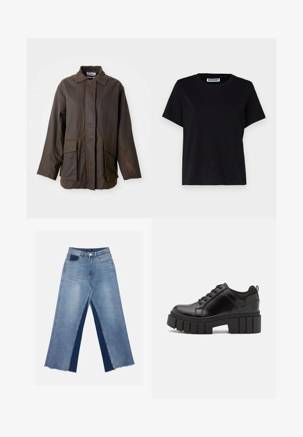 Brūna, viegla jaka ar apkakles izgriezumu, garām piedurknēm un divām priekšējām kabatām. Izgatavota no gludas, teksturētas auduma.; Melna īsām piedurknēm T-krekls no kokvilnas. Iespējo apaļu kakla izgriezumu un brīvu piegriezumu. Etiķete uz apkakles saka "WEEKDAY".; Gaiši zili platā piegriezuma džinsi ar kontrastējošiem tumši ziliem paneļiem, nodilušiem apakšmalām un standarta jostasvietu ar metāla pogu aizdari.; Melnas ādas platformas kurpes ar masīvu bloku papēdi, apaļu purngalu un tradicionālu saistīšanas dizainu. Izceļas ar gludu tekstūru un minimālu apdari.