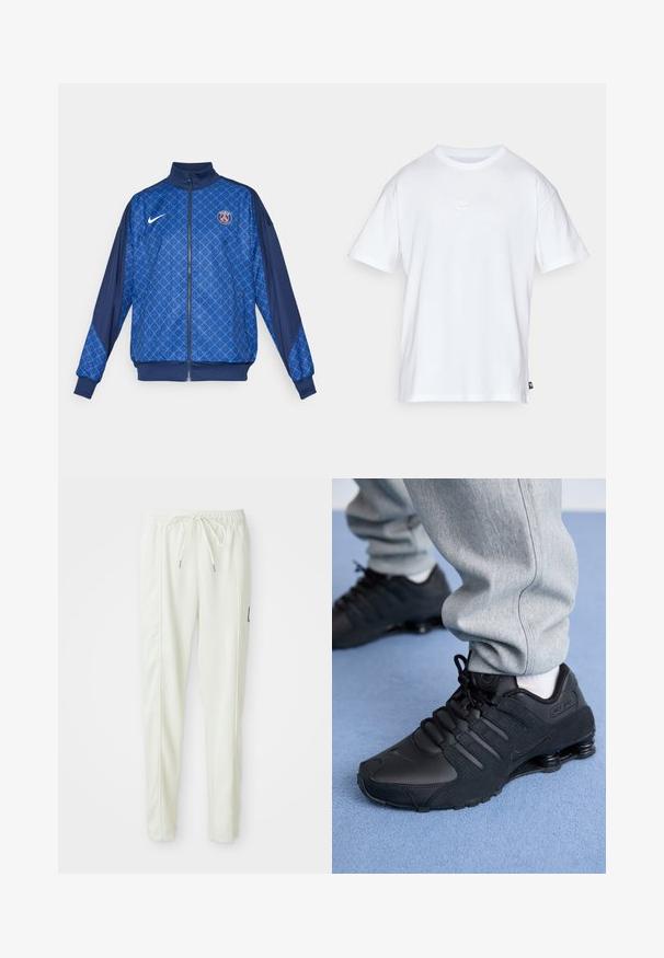 Blue zip-up jacket with geometric pattern, featuring a high collar and elastic cuffs. Nike logo on front, along with a Paris-themed badge.; White cotton t-shirt with short sleeves and a round neck. Features a small, subtle Nike logo on the chest and a side label.; White slim-fit jogger pants with elastic waistband and drawstring, featuring side seam detailing and a small black patch on the right leg.; Person wearing black Nike Shox sneakers and gray sweatpants standing on light blue carpet.