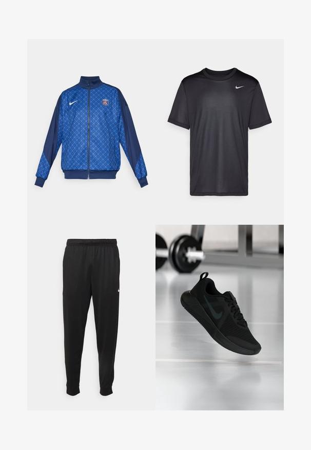 Modrá zipová bunda s geometrickým vzorem, která má vysoký límec a elastické manžety. Na přední straně se nachází logo Nike spolu s odznakem ve stylu Paříže.; Černé sportovní tričko s krátkým rukávem, kulatým výstřihem, vyrobené z hladkého materiálu. Vyznačuje se malým bílým logem Nike na levém horním kusu.; Černé sportovní kalhoty vyrobené z hladké tkaniny, s elastickým pasem, zúženými nohavicemi a malým bílým logem na levé straně.; Černá sportovní obuv s texturovaným síťovaným svrškem, gumovou podrážkou a výrazným tmavým logem Swoosh. Má polstrovaný límec a šněrovací design.