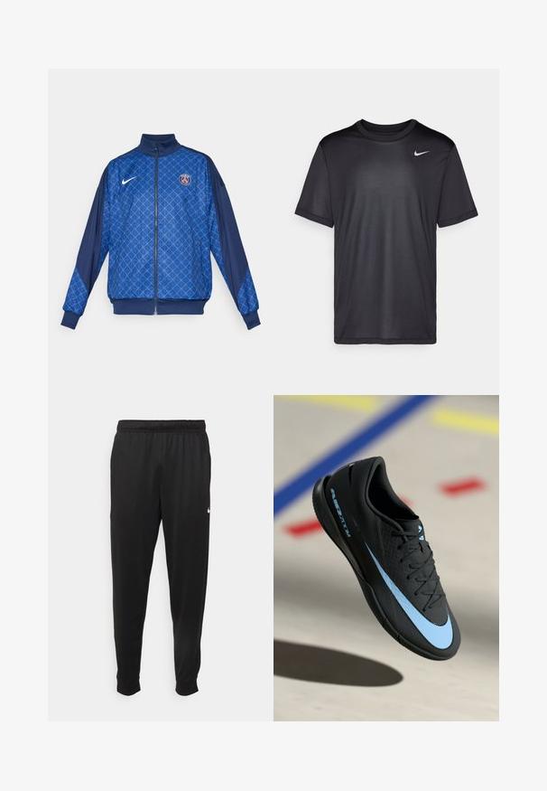 Plava majica sa zatvaračem i geometrijskim uzorkom, s visokim ovratnikom i elastičnim manžetama. Nike logo sprijeda, zajedno s bedžem tematski posvećenim Parizu.; Crna atletska majica kratkih rukava, okruglog izreza, napravljena od glatkog materijala. Ima mali bijeli Nike logo na gornjem lijevom dijelu.; Crne atletske hlače od glatkog materijala, s elastičnom pasicom, sužavajućim nogavicama i malim bijelim logom na lijevoj strani.; Crne sportske cipele s plavim akcentima, teksturirana površina, s vezanjem i karakterističnim Nike logom. Gumeni potplat s uzorcima za prianjanje.