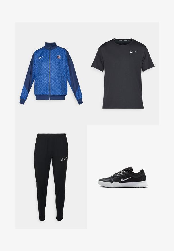 Chaqueta azul con cremallera y patrón geométrico, que presenta un cuello alto y puños elásticos. Logo de Nike en el frente, junto con una insignia temática de París.; Camiseta de running negra de Nike, hecha de material ligero y transpirable, con mangas cortas y un pequeño logo blanco en el pecho.; Joggers deportivos negros con cinturilla elástica, corte ajustado y logo de Nike en blanco en el lado izquierdo. Tejido suave con una textura lisa.; Zapatilla deportiva negra con parte superior texturizada, logo de Nike en blanco y suela de goma blanca. Tiene un diseño con cordones y una forma dinámica.