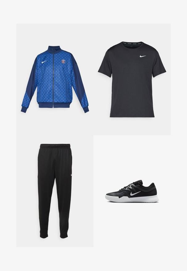 Blauer Reißverschlussjacke mit geometrischem Muster, ausgestattet mit einem hohen Kragen und elastischen Bündchen. Nike-Logo auf der Vorderseite, zusammen mit einem Paris-Motiv-Abzeichen.; Schwarzes Nike Lauft-Shirt aus leichtem, atmungsaktivem Material, mit kurzen Ärmeln und einem kleinen weißen Logo auf der Brust.; Schwarze Sporthosen aus glattem Stoff, mit einem elastischen Bund, schmal zulaufenden Beinen und einem kleinen weißen Logo auf der linken Seite.; Schwarzer Sportschuh mit strukturiertem Obermaterial, weißem Nike-Warenzeichen und einer weißen Gummisohle. Verfügt über ein Schnürdesign und eine dynamische Form.