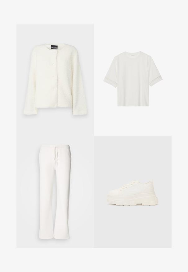 White fluffy fleece jacket with a round neckline, long sleeves, and five button closure at the front. Soft texture and solid color.; White short-sleeve t-shirt made from cotton, featuring decorative lace trim along the sleeves and a round neckline.; White, relaxed-fit sweatpants made of soft fabric, featuring an elastic waistband with a drawstring and straight-leg design.; White canvas sneaker with a chunky sole, rounded toe, and five eyelets for laces. Back tab for easy wear. Smooth texture, minimalist design.
