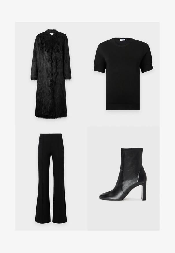 Juodas dirbtinio kailio paltas su pilno ilgio dizainu, ilgomis rankovėmis ir švelniu, tekstūruotu paviršiumi. Pasižymi minimalistiniu stiliumi ir nematomais užsegimais.; Juoda trumpomis rankovėmis megzta palaidinė su apvalia iškirpte. Rankovėse ir apačioje yra subtilūs ribsavimo akcentai, pagaminta iš lygaus audinio.; Juodos plačios kelnės su aukštu liemeniu, pagamintos iš tamprios medžiagos. Priekinėje dalyje yra vertikalūs siūlų akcentai ir lygus paviršius.; Juodas odinis kulkšninis botas su elegantišku dizainu, smailiu pirštu ir aukštu blokiniu kulnu. Su lygiu paviršiumi ir minimalistišku siuvimo detaile.