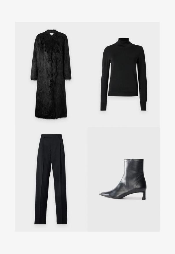 Black faux fur coat with a full-length design, long sleeves, and a soft, textured surface. Features a minimalist style and no visible fastenings.; Black long-sleeve turtleneck sweater with ribbed cuffs and hem, displayed on a plain white background.; Black trousers made from smooth fabric featuring a high waist, wide legs, front pleats, and classic belt loops. No side pockets visible.; Black leather ankle boot with a pointed toe and a sleek design. Features a low heel and a zipper closure at the back. Smooth texture.