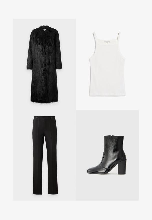 Black faux fur coat with a full-length design, long sleeves, and a soft, textured surface. Features a minimalist style and no visible fastenings.; White tank top with thin straps, made of ribbed cotton fabric, featuring a straight neckline and a clean finish at the hem.; Black tailored trousers with a straight leg, two front pockets, a button closure, and pleat detailing on the front. Smooth fabric texture.; Black leather ankle boot with a smooth texture, pointed toe, and a chunky high heel. Features a side opening and minimalistic design.