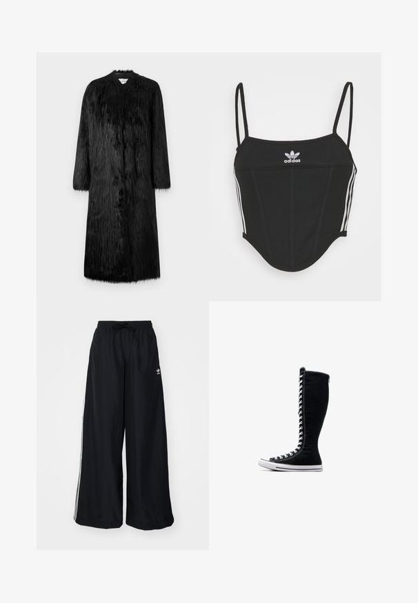 Črn plašč iz umetnega krzna s polno dolžino, dolgimi rokavi in mehkobo ter strukturirano površino. Opremljen je z minimalističnim stilom in brez vidnih zaponk.; Črn rebrast top s kratkimi rokavi in nastavljivimi tankimi naramnicami, ki ima tri bele črte na straneh in majhen bel Adidasov logotip na sredini.; Črne široke hlače iz lahkega blaga. Imajo elastičen pas z vrvico in bele stranske črte. Logotip blagovne znamke na boku.; Črne visoke superge z visokim dizajnom, narejene iz platna. Imajo bele vezalke, šivanje in gumijast podplat z zaščito za prste.