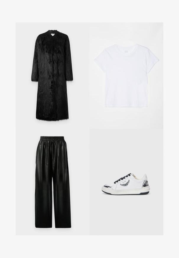 Juodas dirbtinio kailio paltas su pilno ilgio dizainu, ilgomis rankovėmis ir švelniu, tekstūruotu paviršiumi. Pasižymi minimalistiniu stiliumi ir nematomais užsegimais.; FRAME BABY TEE - Paprasti marškinėliai - white; Juodos odinės plačios kelnės su elastinga juosmeniu, turinčios dvi šonines kišenes ir lygią, blizgią tekstūrą.; Baltieji sportbačiai su juodais akcentais, turintys tekstūruotą dizainą šone, juodus raištelius ir guminį padas. Ant viršaus - logotipas ir piešinys.