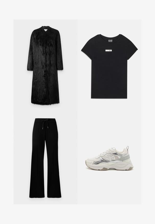 Fekete műszőrme kabát teljes hosszúságú kivitelben, hosszú ujjakkal és puha, texturált felszínnel. Minimalista stílusú, látható záródások nélkül.; Fekete, rövid ujjú póló, pamutból készült, fehér, téglalap alakú logóval, amelyen az "EA7" felirat található a mellkas területén.; Fekete, bő lábú melegítőnadrág, befestett derékkal, oldalsó hasítékokkal, puha anyagból készült, letisztult dizájnnal.; Fehér sportcipők fényes ezüst részletekkel, hálós panelek és vastag talp. Oldalt logóval és texturált sarkantyúval rendelkezik.