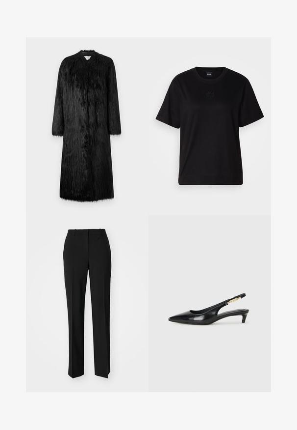 Palton din blană sintetică neagră, cu un design de lungime completă, mâneci lungi și o suprafață moale, texturată. Are un stil minimalist și nu are închideri vizibile.; T-shirt negru din bumbac, cu guler rotund, mâneci scurte și un logo brodat pe piept. Design simplu, cu o croială relaxată și fără modele.; Pantaloni negri tailor-ed cu un design drept, având o textură fină și cute clare pe față. Fără elemente de prindere vizibile.; Sandale slingback din piele neagră cu vârf ascuțit, având un toc subțire și un accent de culoare aurie pe curea ajustabilă. Textură netedă.