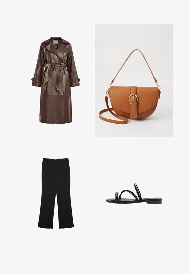 Hnědý kožený trenčkot s páskem v pase, velkým límcem, dvojitým zapínáním na knoflíky a širokými rukávy. Hladká textura s lesklým povrchem.; Černý pletený svetr s dlouhými rukávy, vycpanými ramenními částmi a ribbovanými manžetami a lemem, zobrazený na bílém pozadí.; Černé kalhoty s rovným střihem, s předními kapsami a bočními rozparky na lemu. Vyrobené z jemné, hladké tkaniny. Vhodné na různé příležitosti.; Černé ploché sandály s lesklým povrchem, třemi tenkými popruhy a kulatým kovovým detailem na špičce. Elegantní design s minimálním podpatkem.; Hnědá kožená křížová taška s zakřiveným tvarem, zlatými detaily a akcentem s přezkou. Obsahuje odnímatelný popruh na rameno.